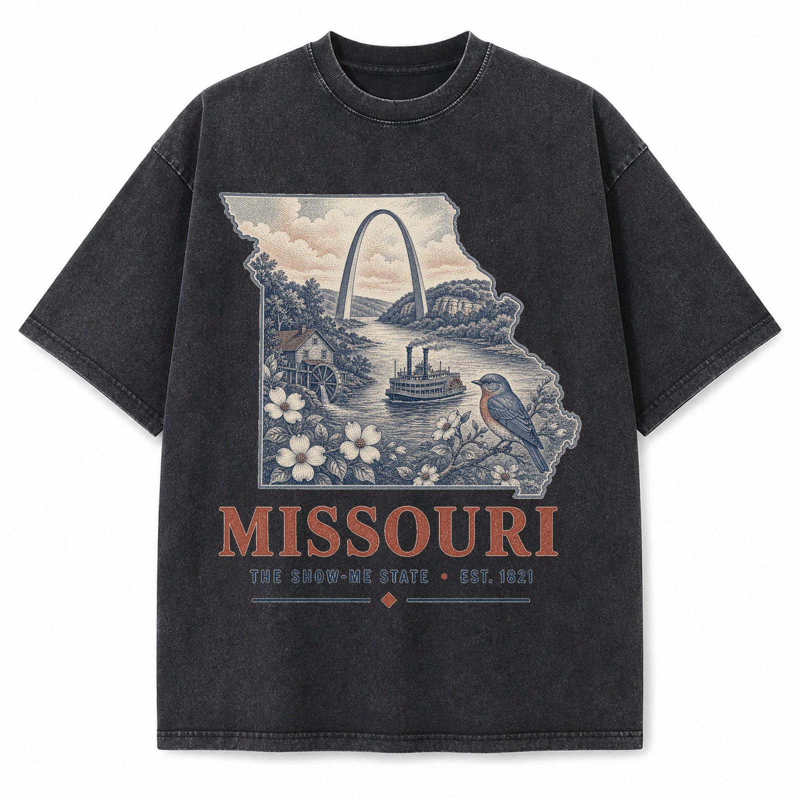 Vintage Washed Missouri Gateway Arch Graphic Tee in Black, front view on a white background