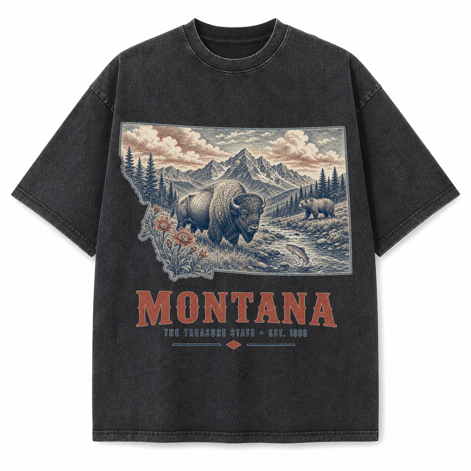 Vintage Washed Montana Grizzly Graphic Tee in Black, front view on a white background