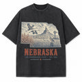 Vintage Washed Nebraska Sandhill Crane Graphic Tee in Black, front view on a white background