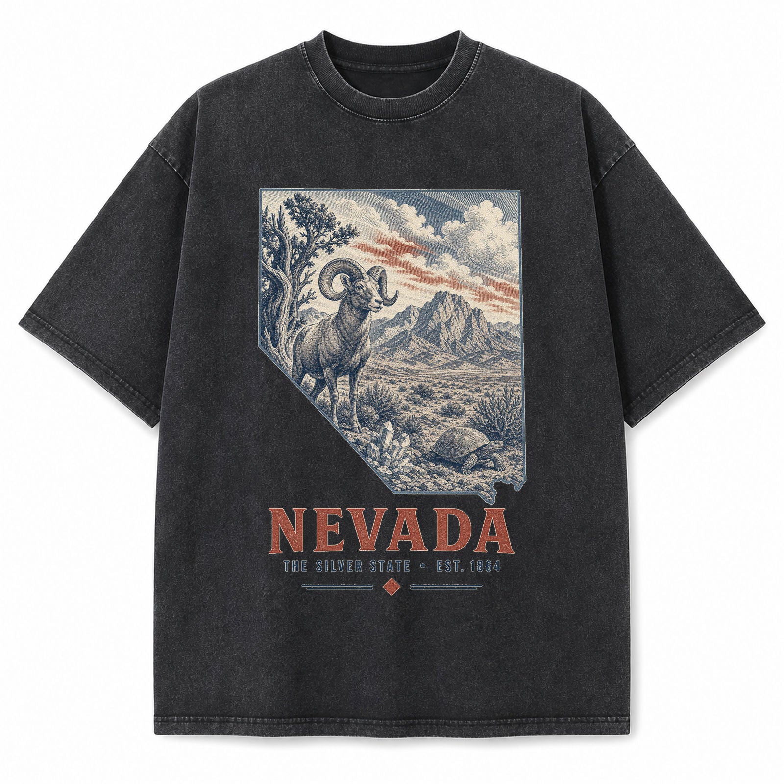 Vintage Washed Nevada Desert Bighorn Graphic Tee in Black, front view on a white background