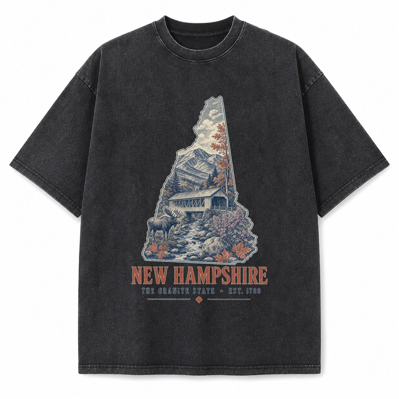Vintage Washed New Hampshire Covered Bridge Graphic Tee in Black, front view on a white background