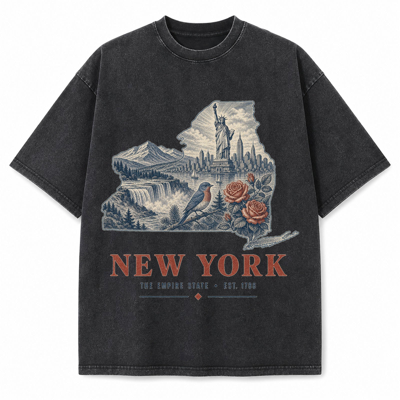Vintage Washed New York Skyline Graphic Tee in Black, front view on a white background