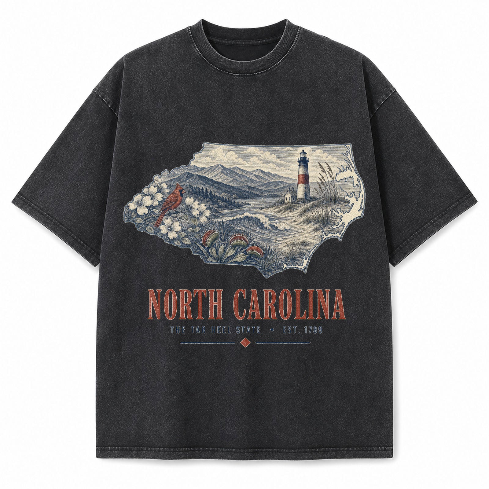 Vintage Washed North Carolina Coastal Graphic Tee in Black, front view on a white background