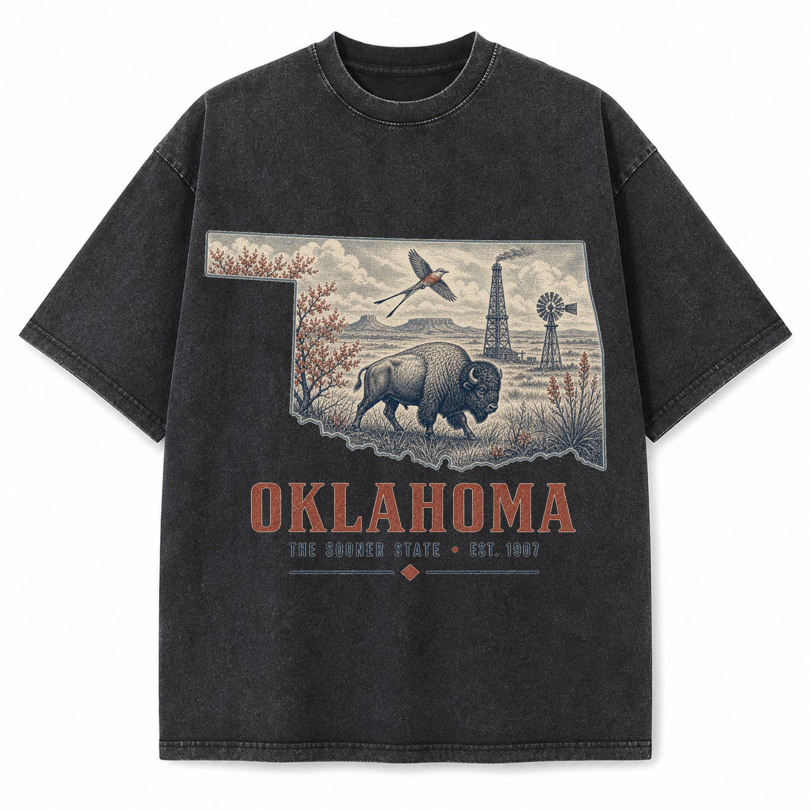 Vintage Washed Oklahoma Bison Graphic Tee in Black, front view on a white background