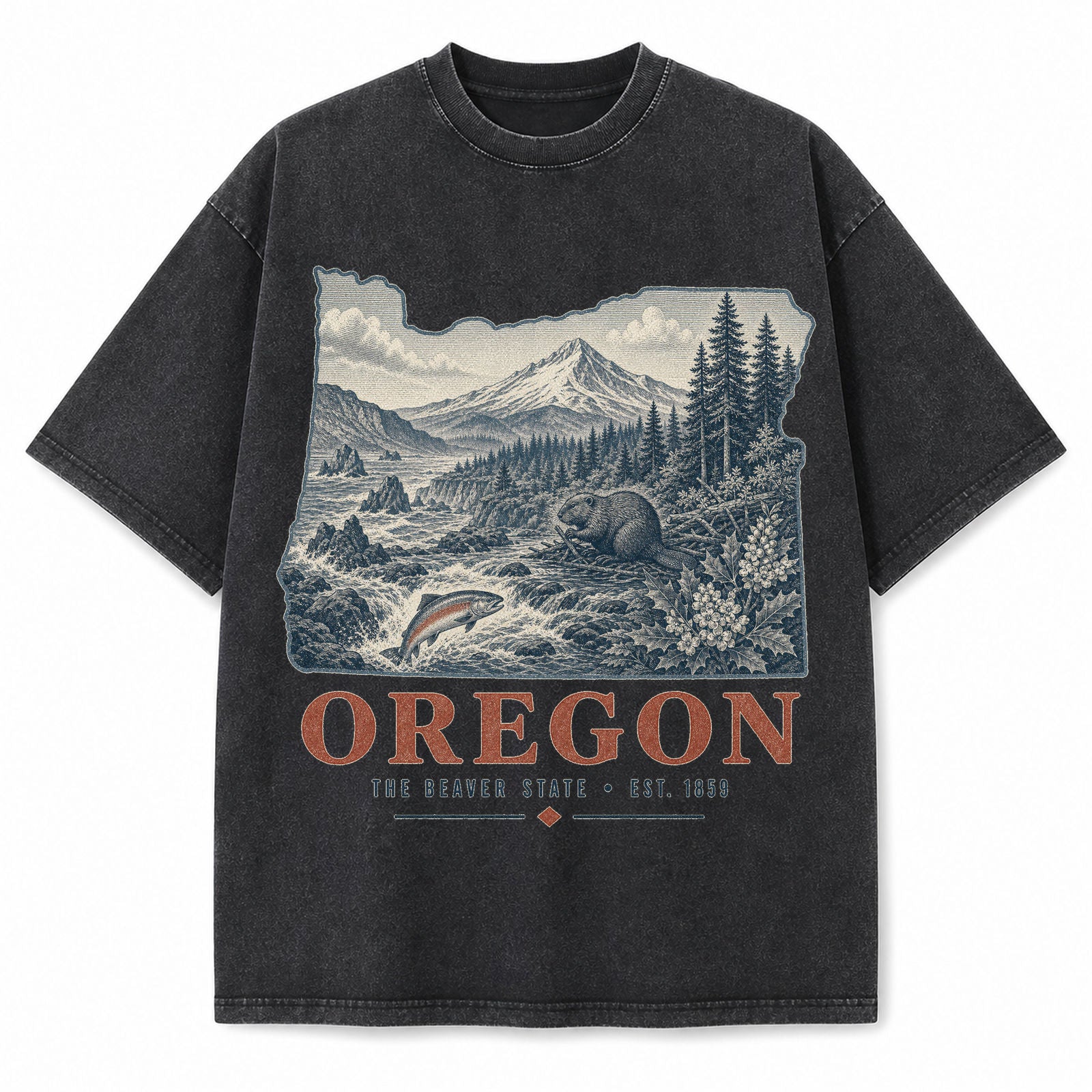 Vintage Washed Oregon Mountain Graphic Tee in Black, front view on a white background