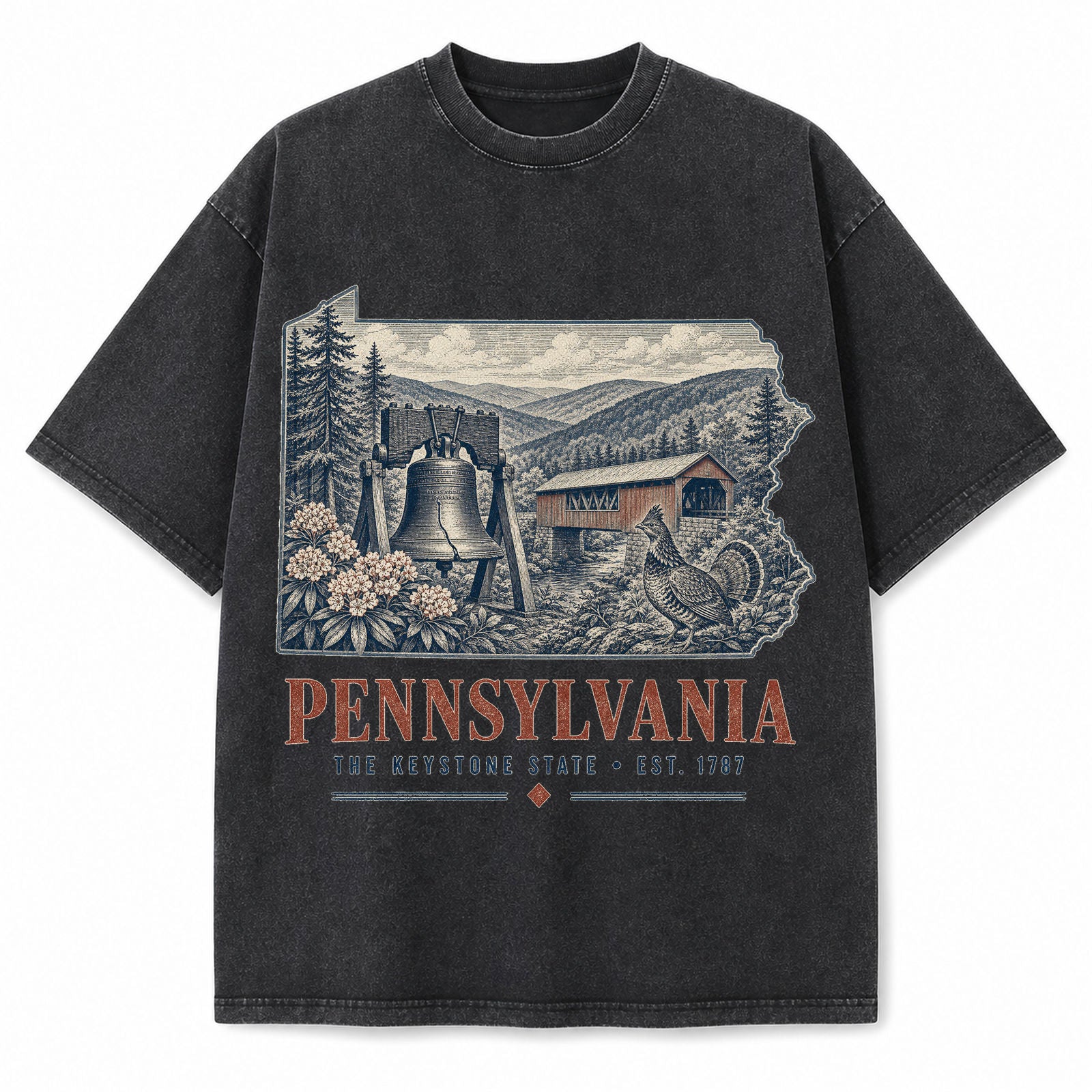 Vintage Washed Pennsylvania Liberty Bell Graphic Tee in Black, front view on a white background