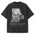 Vintage Washed Rhode Island Coastal Graphic Tee in Black, front view on a white background