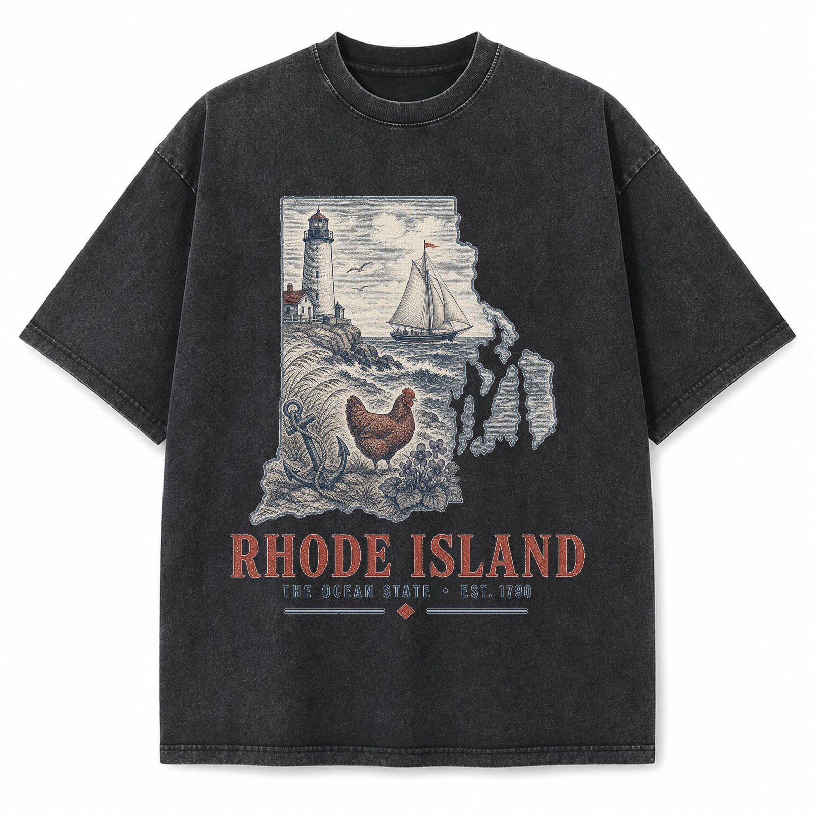 Vintage Washed Rhode Island Coastal Graphic Tee in Black, front view on a white background