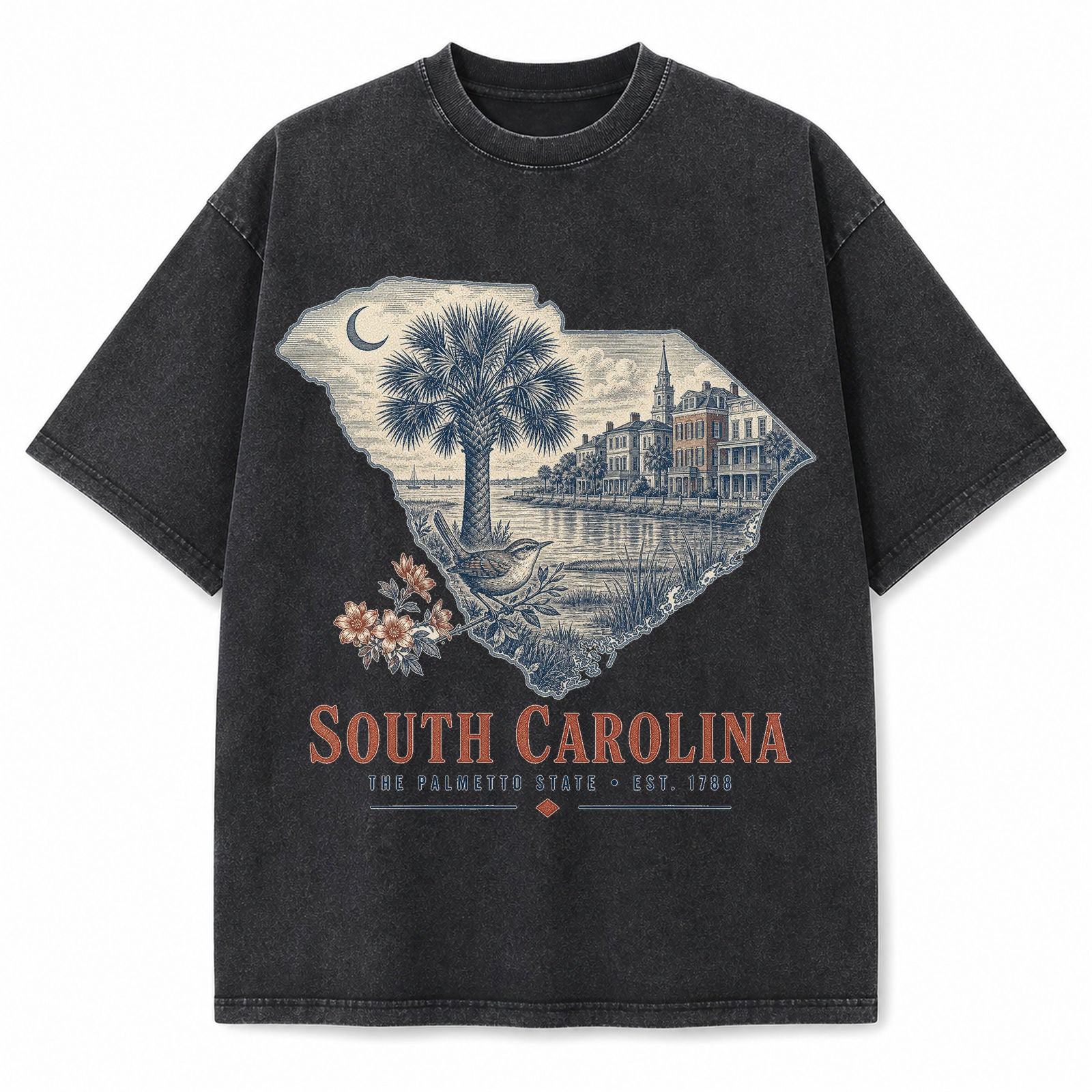 Vintage Washed South Carolina Palmetto Graphic Tee in Black, front view on a white background