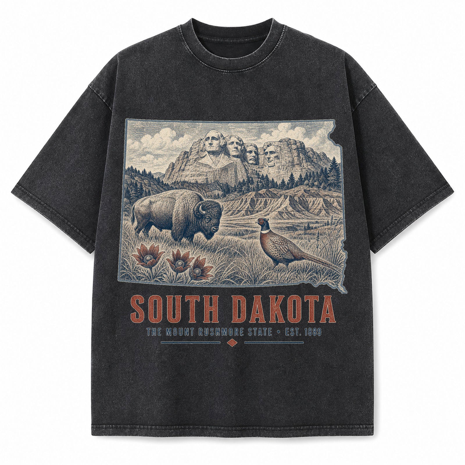 Vintage Washed South Dakota Mount Rushmore Graphic Tee in Black, front view on a white background