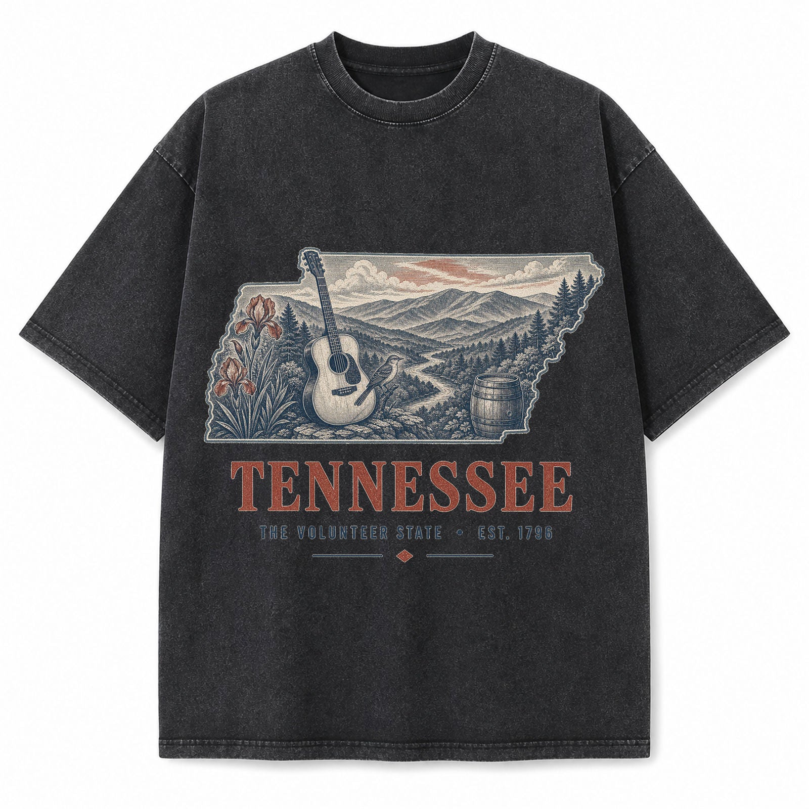 Vintage Washed Tennessee Guitar Graphic Tee in Black, front view on a white background