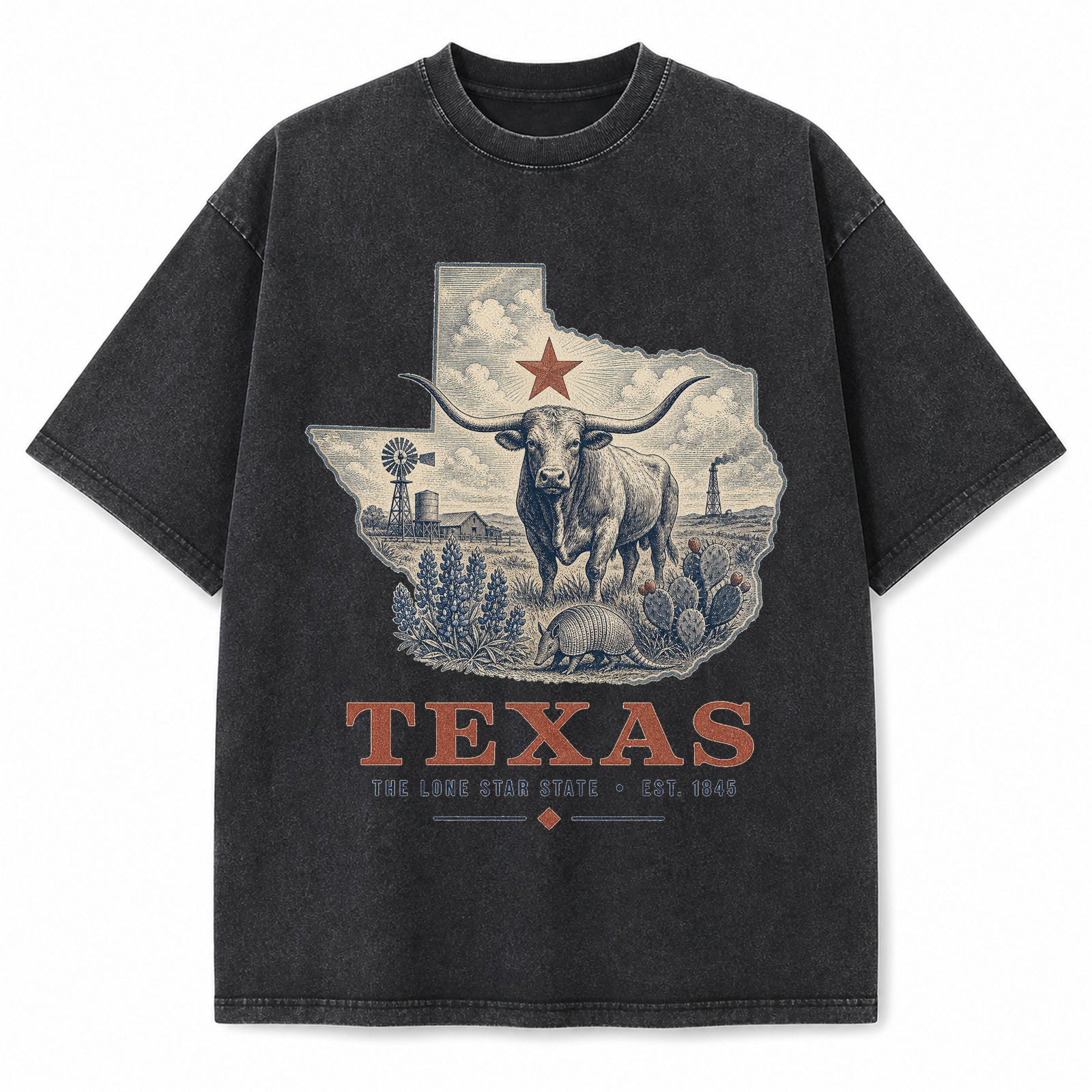 Vintage Washed Texas Longhorn Graphic Tee in Vintage Washed Heavyweight T-Shirt, Washed Black