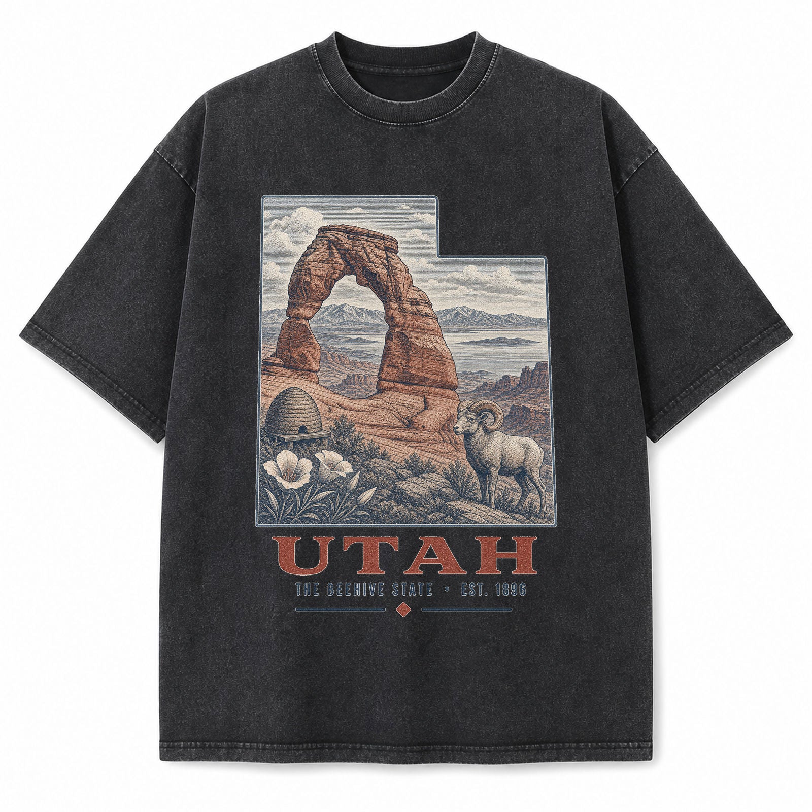 Vintage Washed Utah Delicate Arch Graphic Tee in Black, front view on a white background