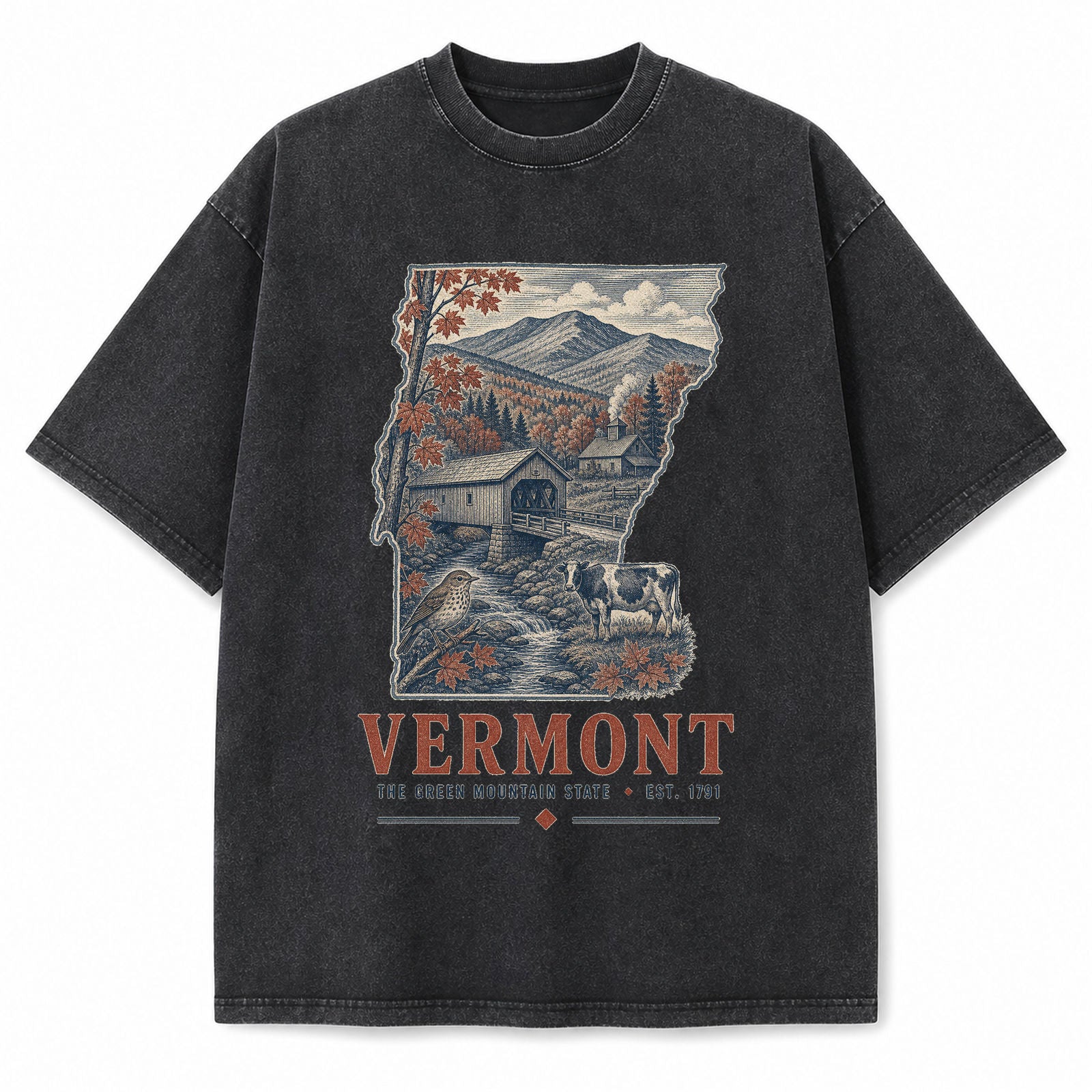 Vintage Washed Vermont Covered Bridge Graphic Tee in Black, front view on a white background
