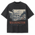 Vintage Washed Washington Mountain Graphic Tee in Black, front view on a white background