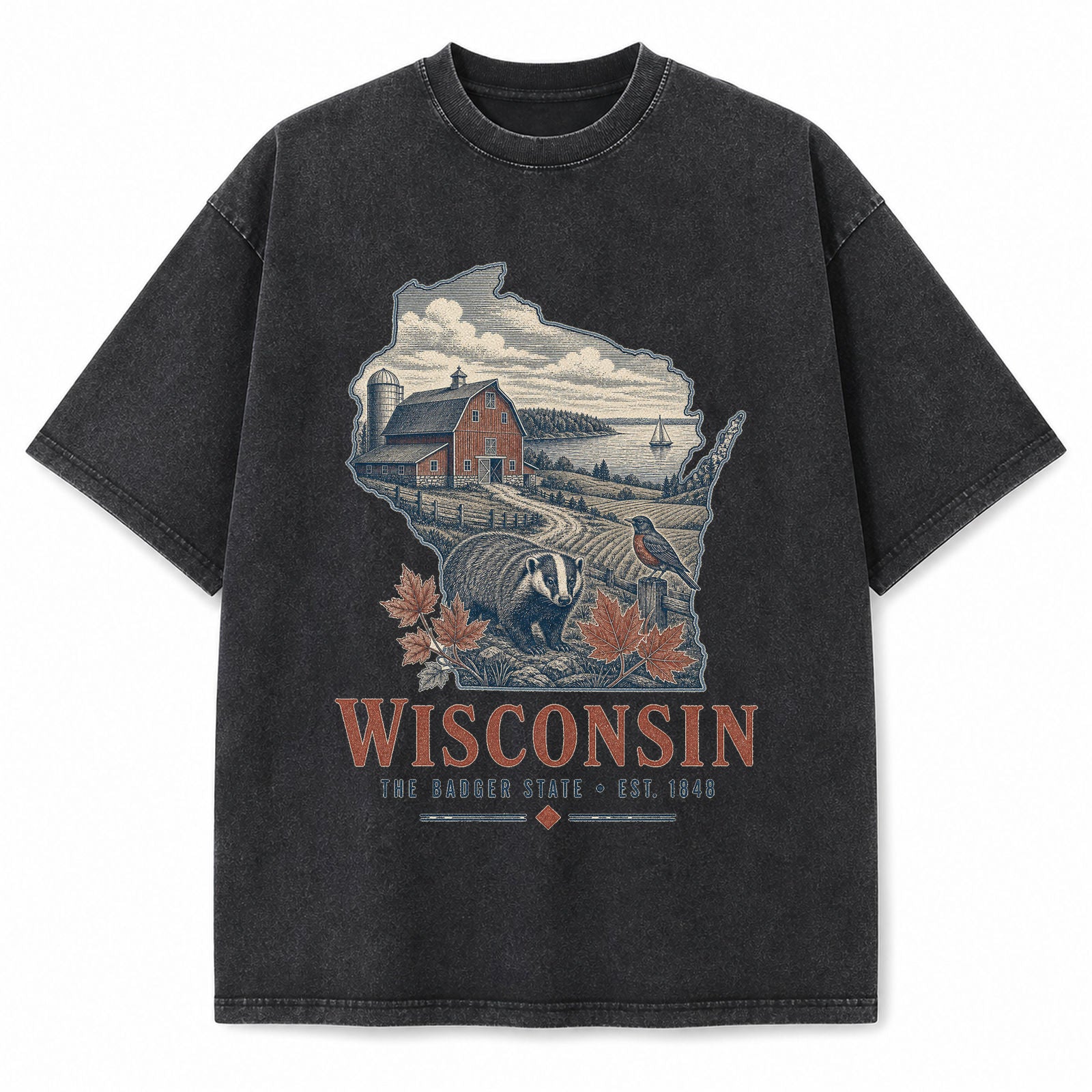 Vintage Washed Wisconsin Dairy Farm Graphic Tee in Black, front view on a white background