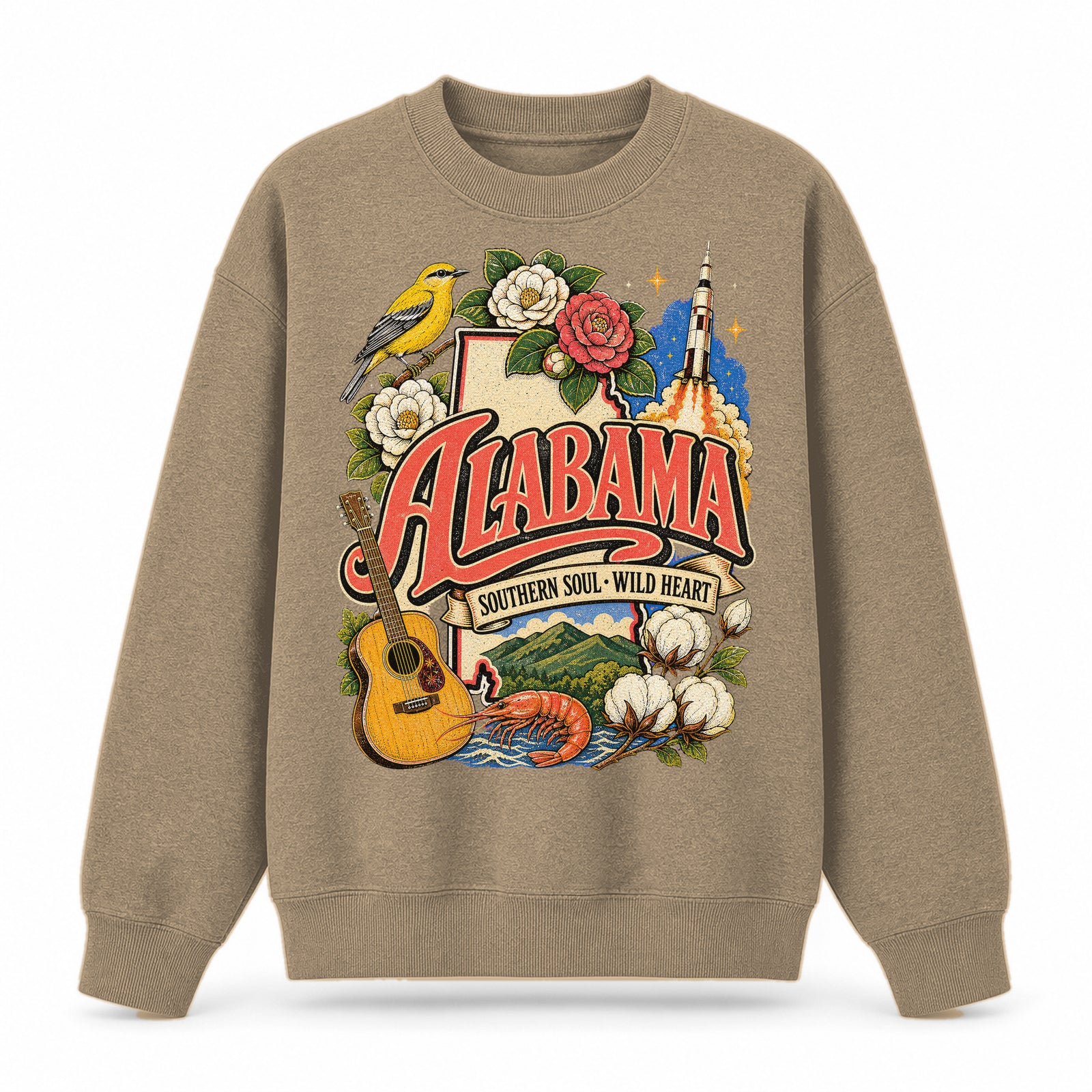 Colorful Alabama State Collage Crewneck Sweatshirt in Khaki, front view on a white background