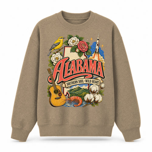 Colorful Alabama State Collage Crewneck Sweatshirt in Khaki, front view on a white background