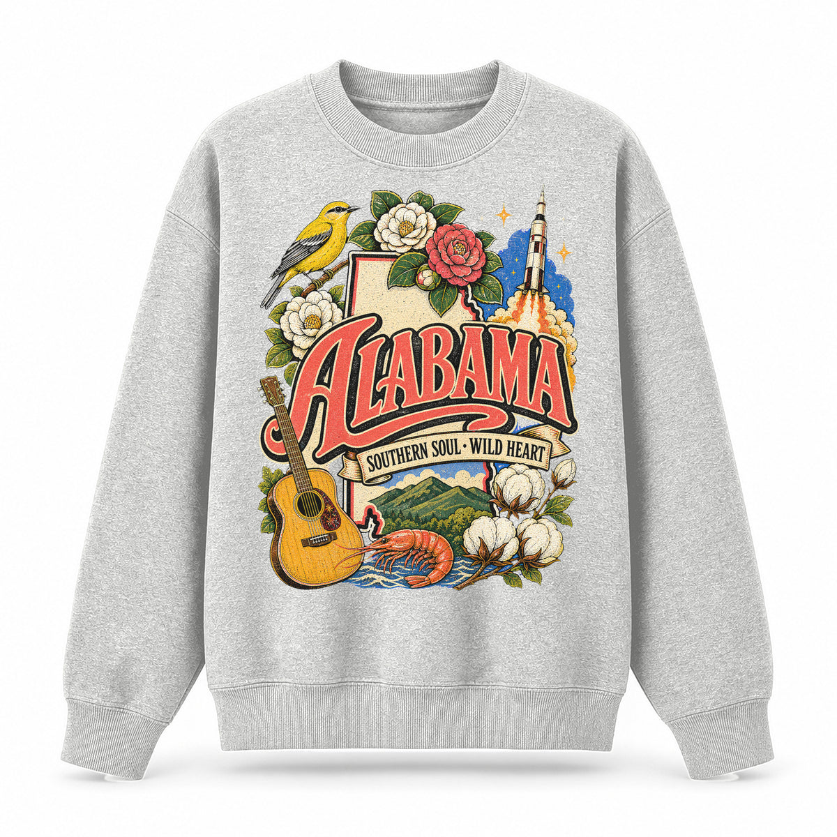 Colorful Alabama State Collage Crewneck Sweatshirt in Light Gray, front view on a white background