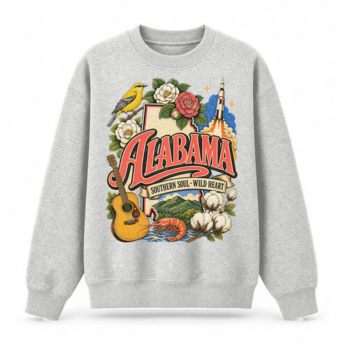 Colorful Alabama State Collage Crewneck Sweatshirt in Light Gray, front view on a white background