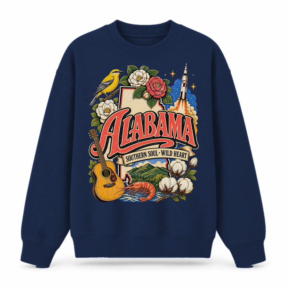 Colorful Alabama State Collage Crewneck Sweatshirt in Navy, front view on a white background