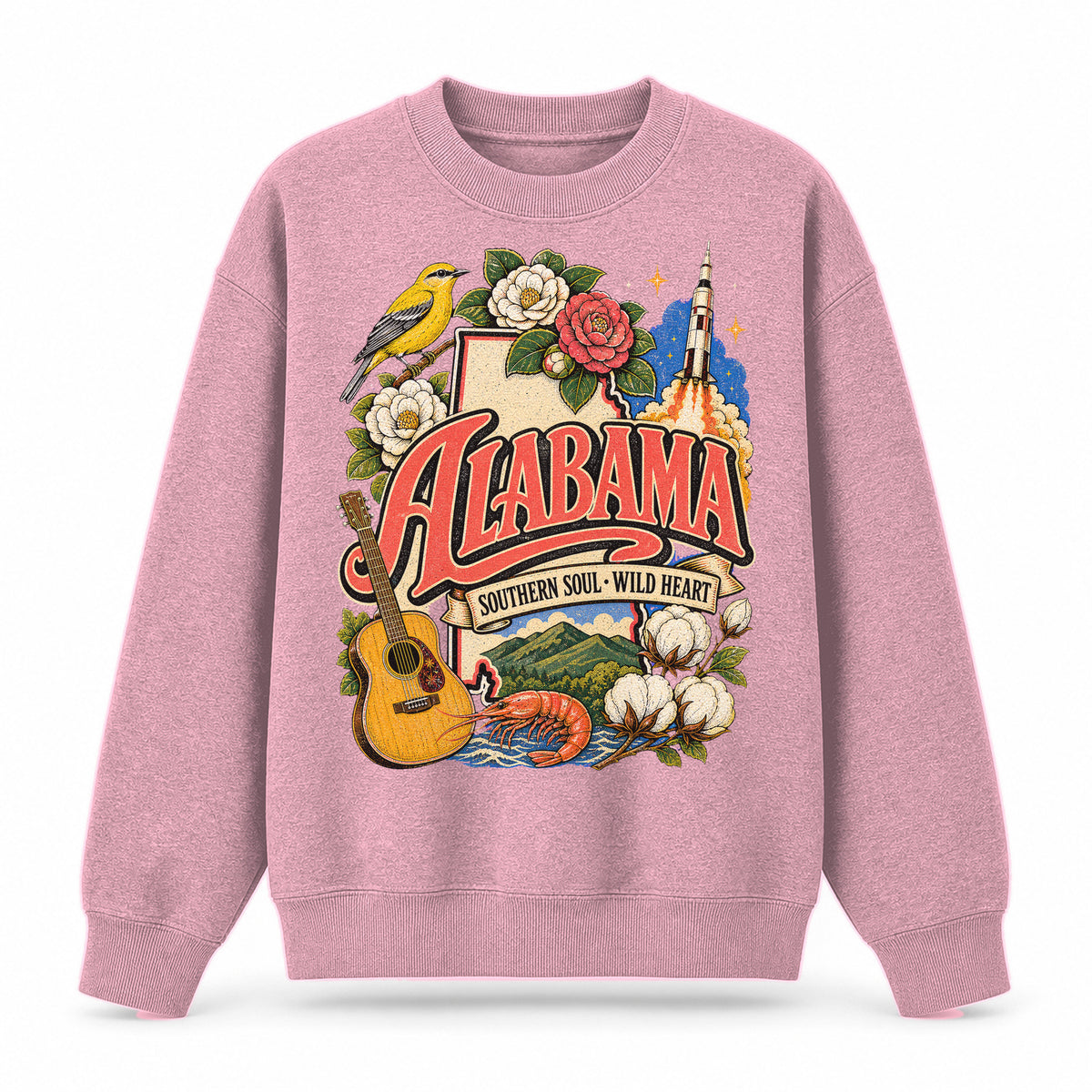 Colorful Alabama State Collage Crewneck Sweatshirt in Pink, front view on a white background