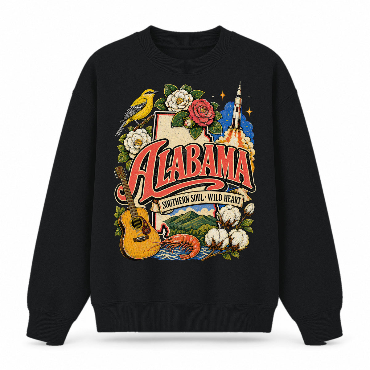 Colorful Alabama State Collage Crewneck Sweatshirt in Black, front view on a white background