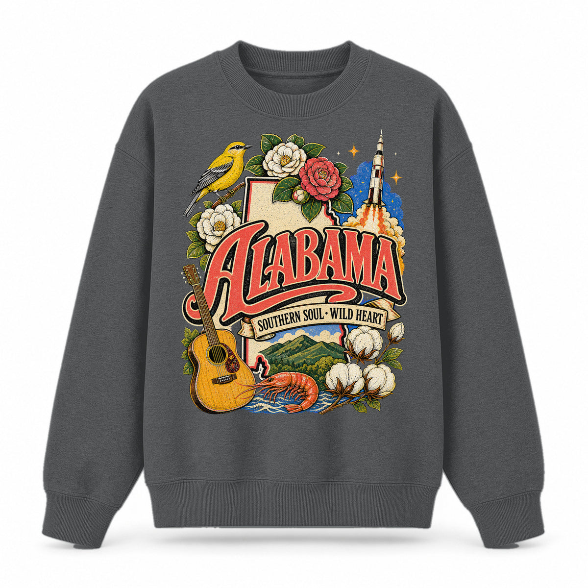 Colorful Alabama State Collage Crewneck Sweatshirt in Dark Gray, front view on a white background