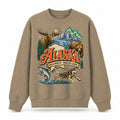 Colorful Alaska State Collage Crewneck Sweatshirt in Khaki, front view on a white background