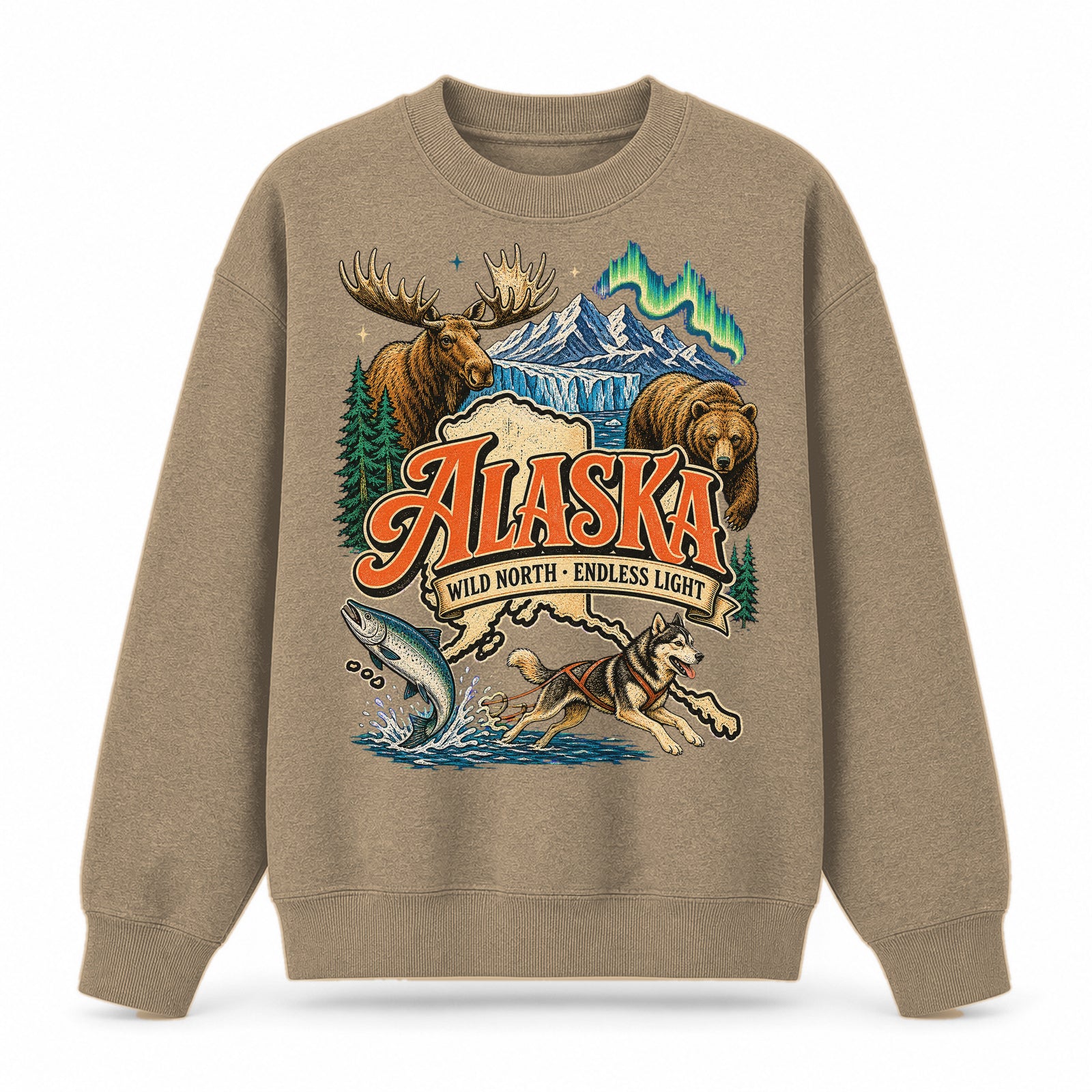 Colorful Alaska State Collage Crewneck Sweatshirt in Khaki, front view on a white background