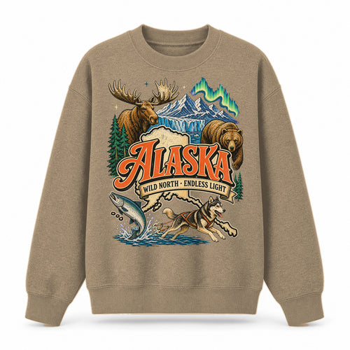 Colorful Alaska State Collage Crewneck Sweatshirt in Khaki, front view on a white background