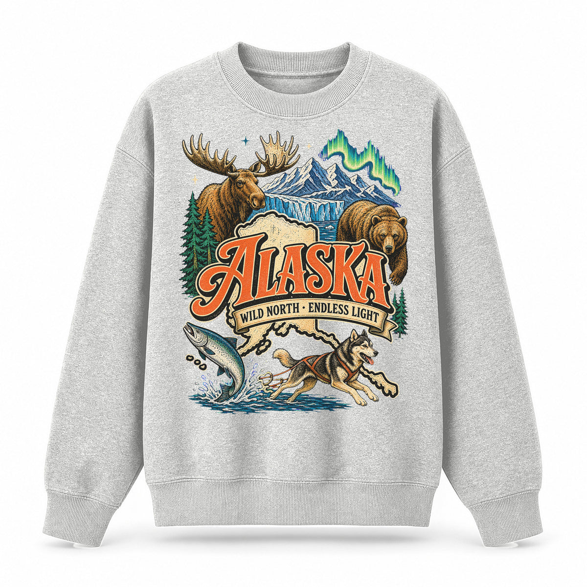 Colorful Alaska State Collage Crewneck Sweatshirt in Light Gray, front view on a white background
