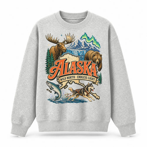 Colorful Alaska State Collage Crewneck Sweatshirt in Light Gray, front view on a white background