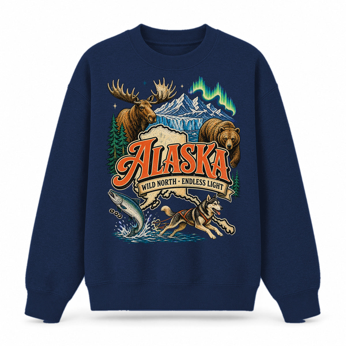 Colorful Alaska State Collage Crewneck Sweatshirt in Navy, front view on a white background