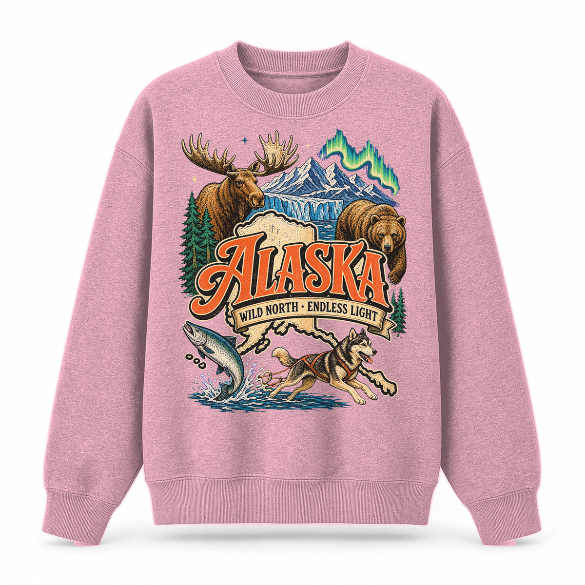 Colorful Alaska State Collage Crewneck Sweatshirt in Pink, front view on a white background