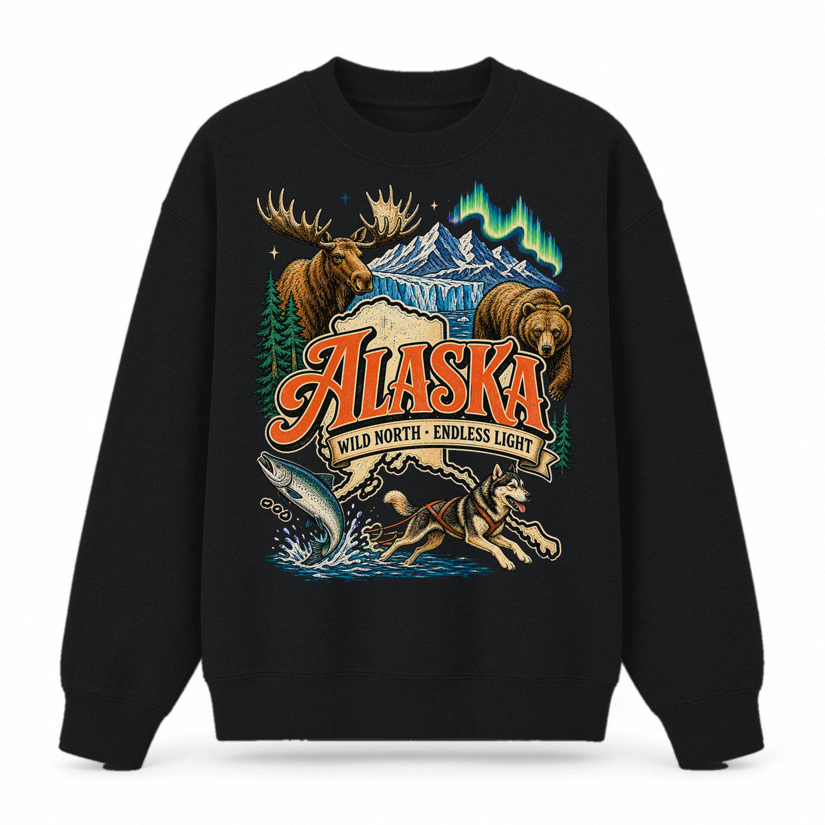 Colorful Alaska State Collage Crewneck Sweatshirt in Black, front view on a white background