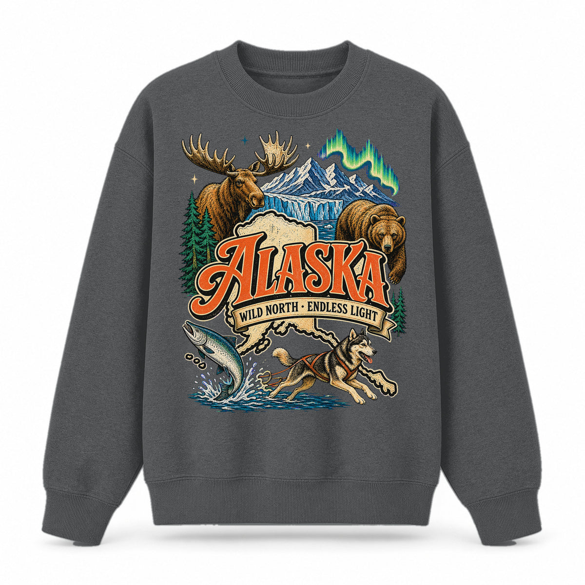 Colorful Alaska State Collage Crewneck Sweatshirt in Dark Gray, front view on a white background