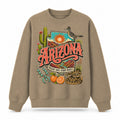 Colorful Arizona State Collage Crewneck Sweatshirt in Khaki, front view on a white background