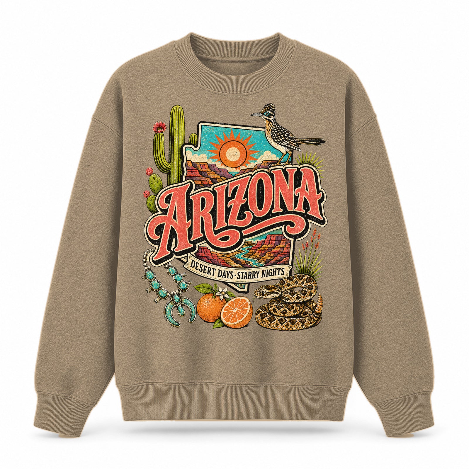 Colorful Arizona State Collage Crewneck Sweatshirt in Khaki, front view on a white background
