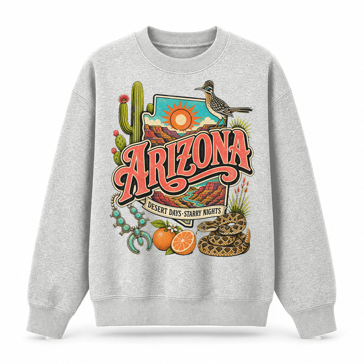 Colorful Arizona State Collage Crewneck Sweatshirt in Light Gray, front view on a white background