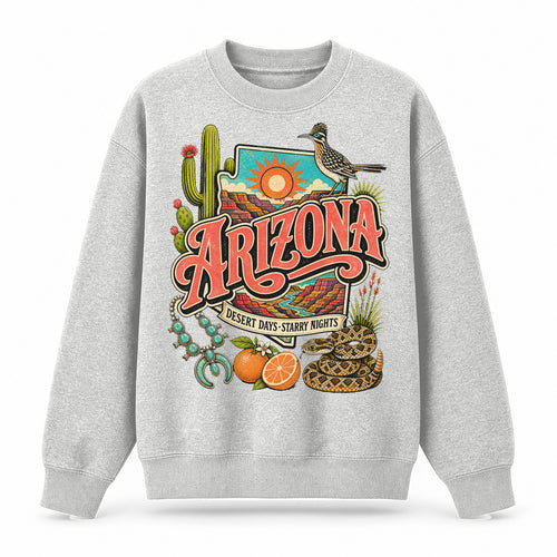 Colorful Arizona State Collage Crewneck Sweatshirt in Light Gray, front view on a white background