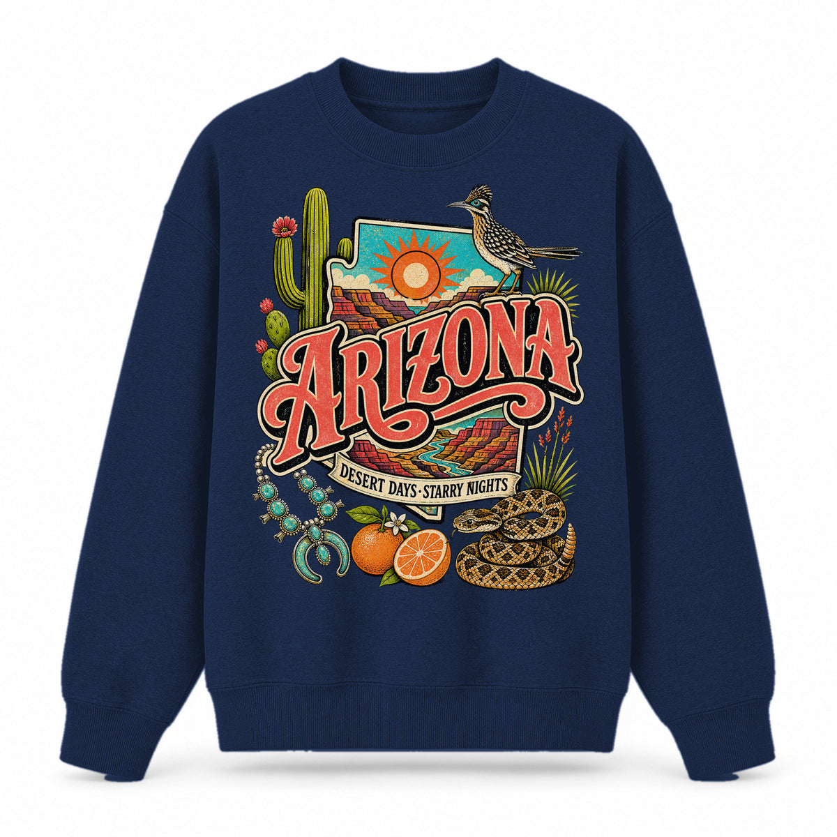 Colorful Arizona State Collage Crewneck Sweatshirt in Navy, front view on a white background