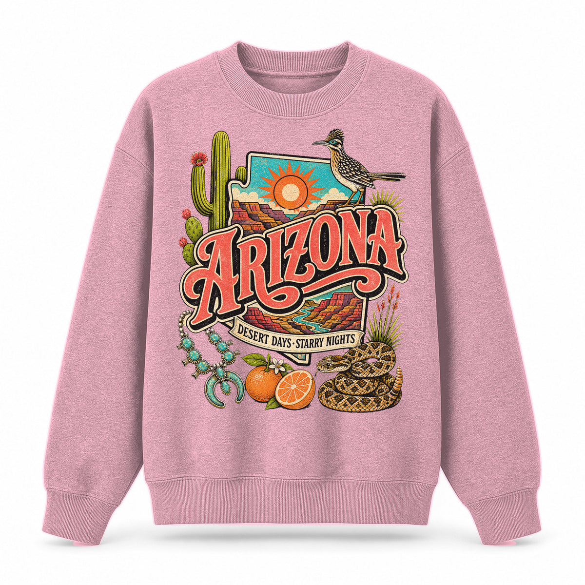 Colorful Arizona State Collage Crewneck Sweatshirt in Pink, front view on a white background