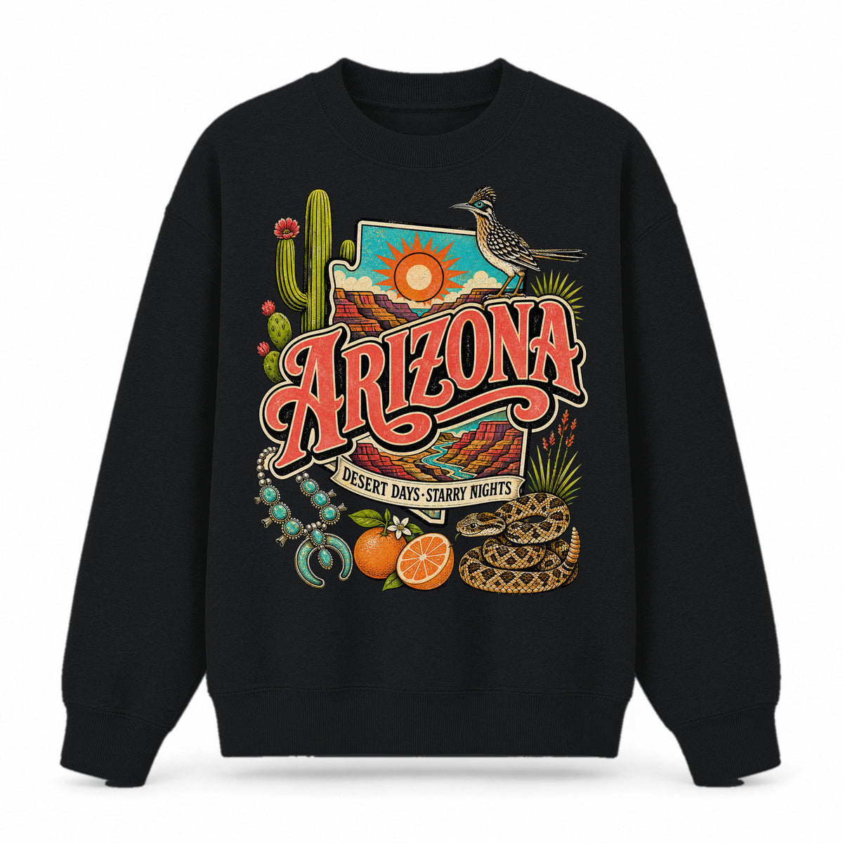 Colorful Arizona State Collage Crewneck Sweatshirt in Black, front view on a white background