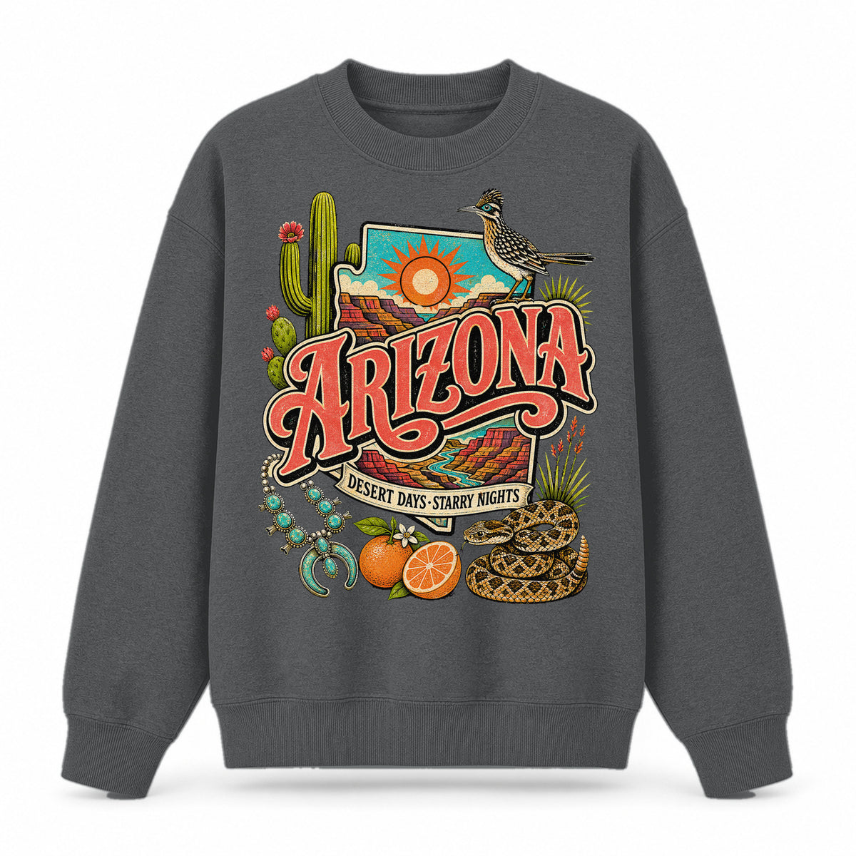 Colorful Arizona State Collage Crewneck Sweatshirt in Dark Gray, front view on a white background