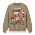 Colorful Arkansas State Collage Crewneck Sweatshirt in Khaki, front view on a white background