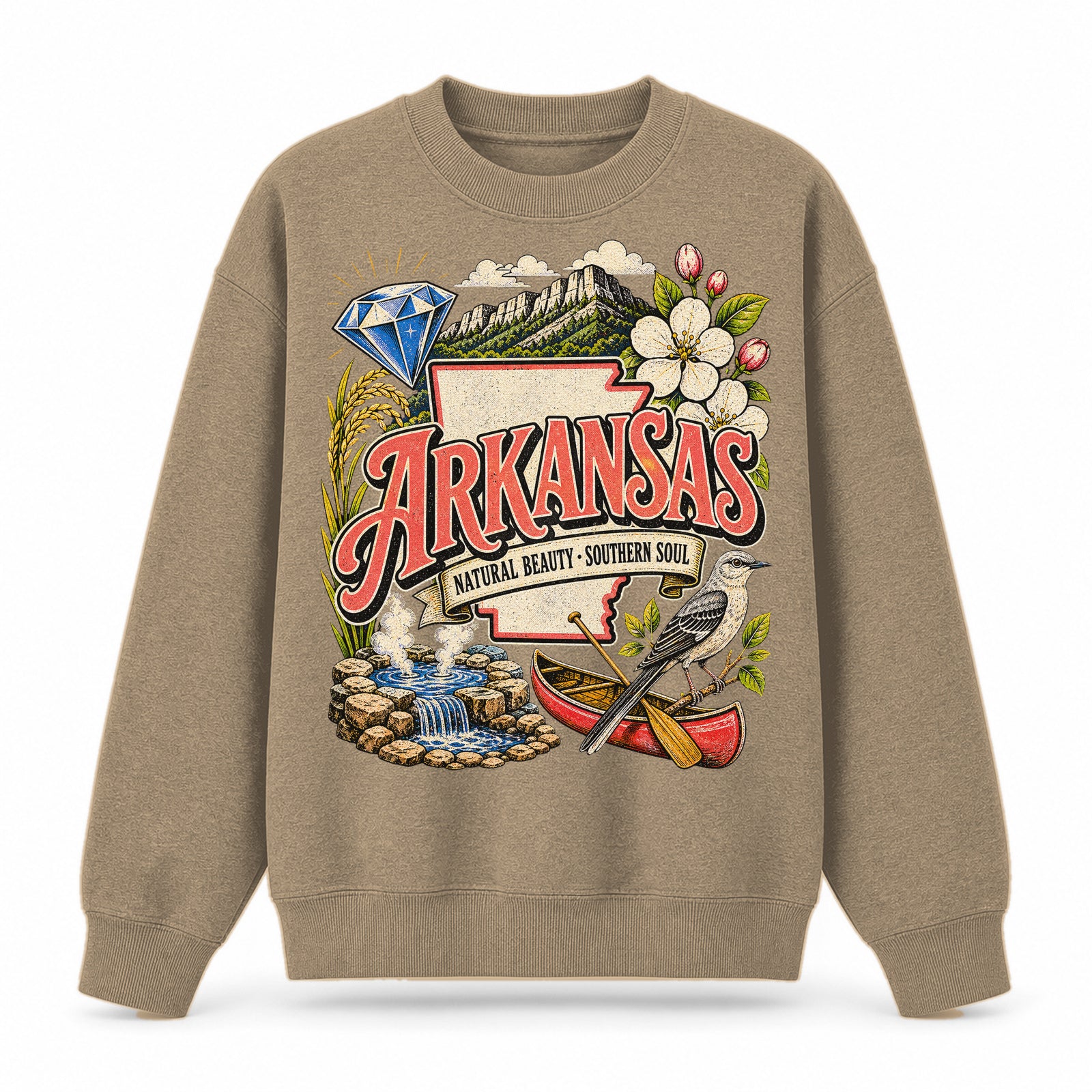 Colorful Arkansas State Collage Crewneck Sweatshirt in Khaki, front view on a white background