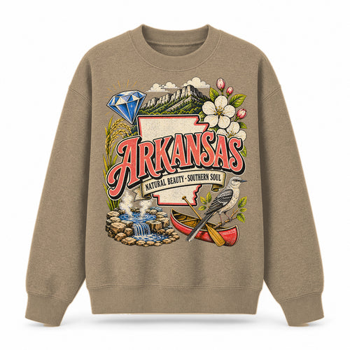 Colorful Arkansas State Collage Crewneck Sweatshirt in Khaki, front view on a white background