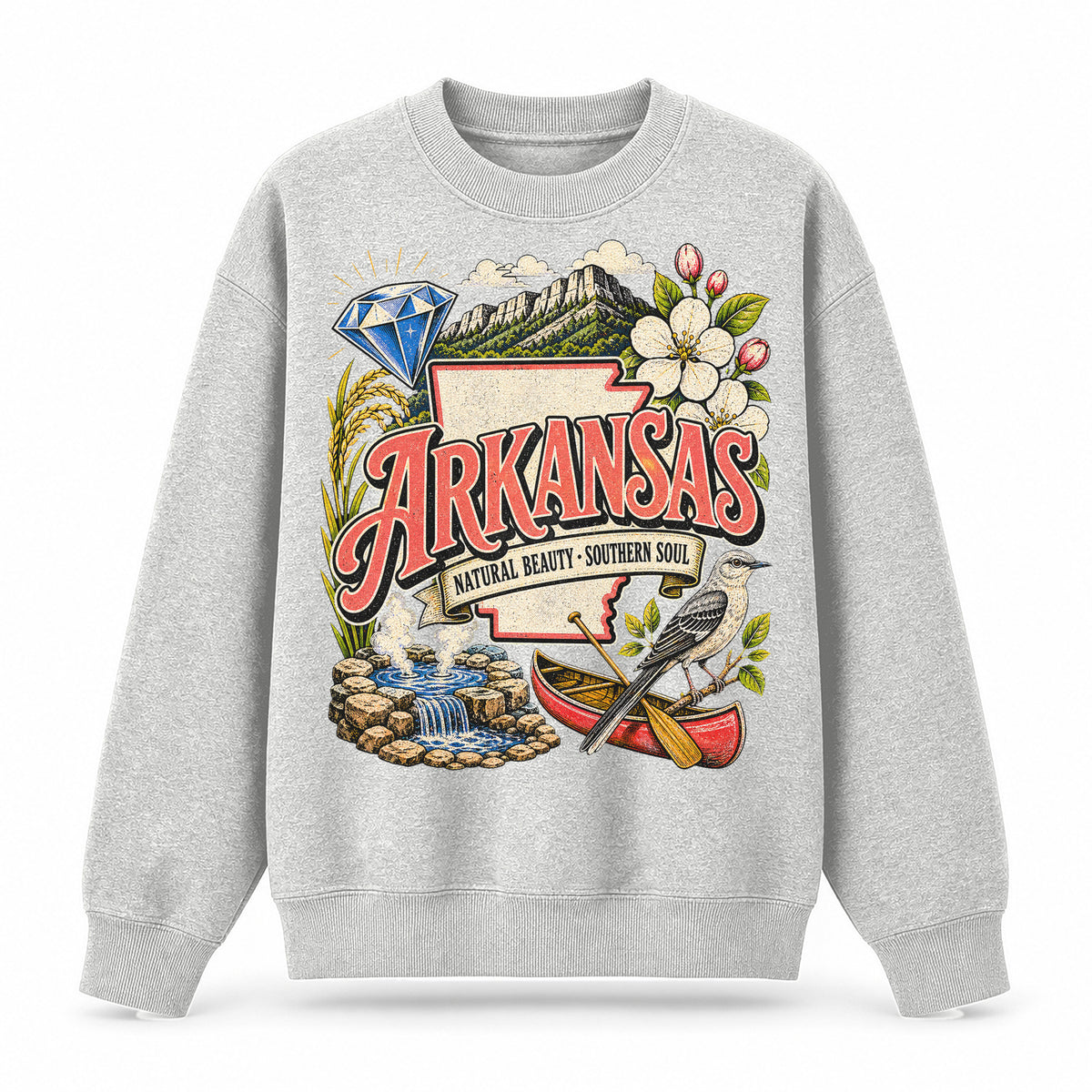 Colorful Arkansas State Collage Crewneck Sweatshirt in Light Gray, front view on a white background