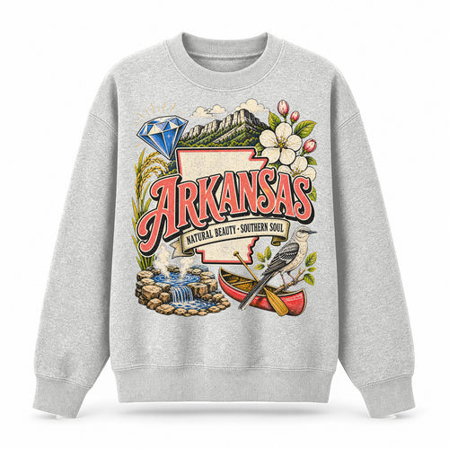 Colorful Arkansas State Collage Crewneck Sweatshirt in Light Gray, front view on a white background